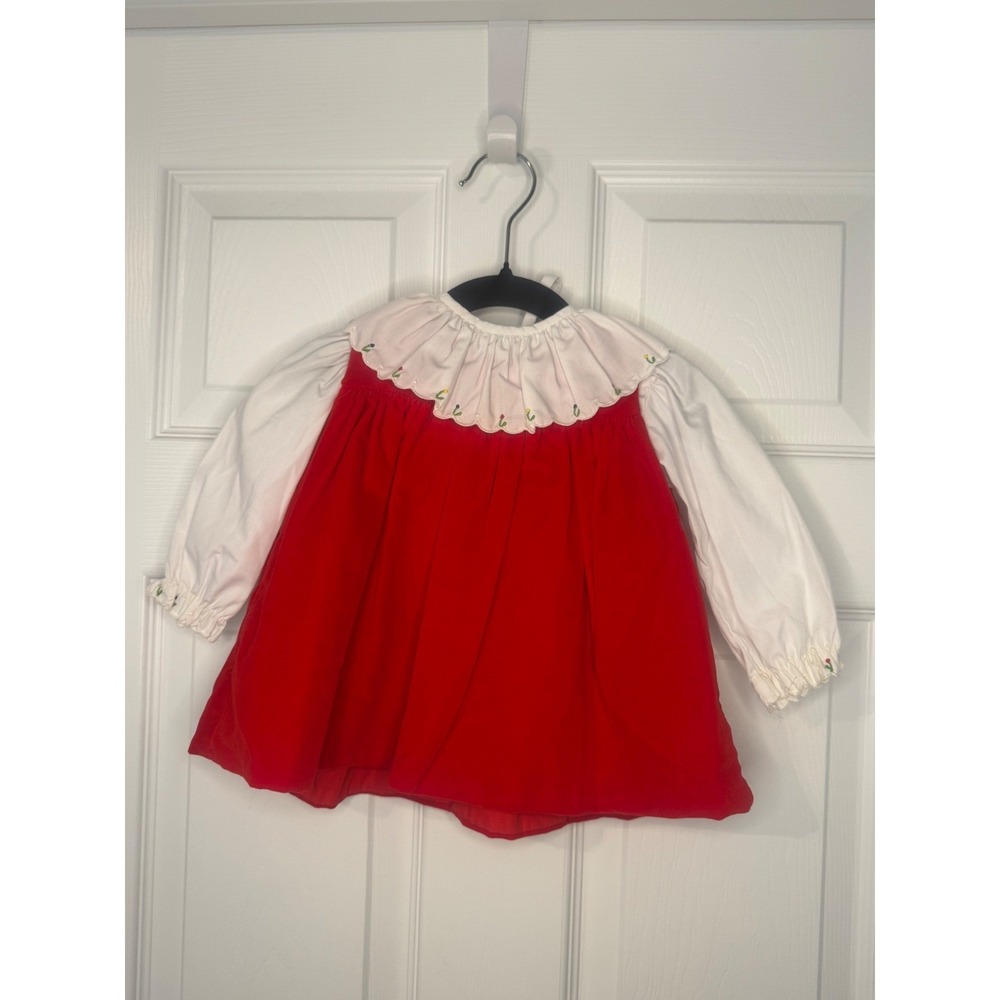 Petit Ami Baby Girl Red White Embroidered Ruffle Collar Dress 12M Smocked